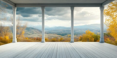 Serene Autumn View from an Empty White Wooden Porch Overlooking Colorful Hills and Dramatic Cloudy Sky with Room for Text