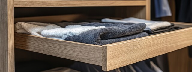 Drawer divider with pull out shelf for clothes and towels optimizing closet space in organized home featuring empty space for text or branding