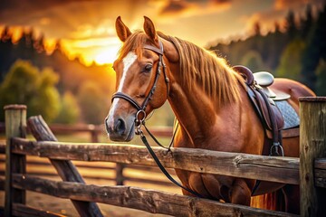 Fototapeta premium Chestnut Sorrel Horse, Saddled, Corral, Bokeh, Ready to Ride