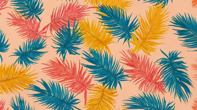 trendy summer Bali style floral patter background, colorful leaves palm shape art video wallpaper. Summer colors botanical tropical leaves