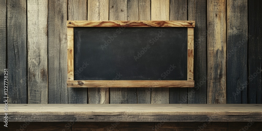 Poster rustic empty chalkboard mounted on wooden wall over minimalist countertop providing ample space for 