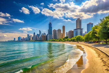 Obraz premium Chicago Oak Street Beach Lake Michigan Summer Cityscape Skyline Panoramic Landscape