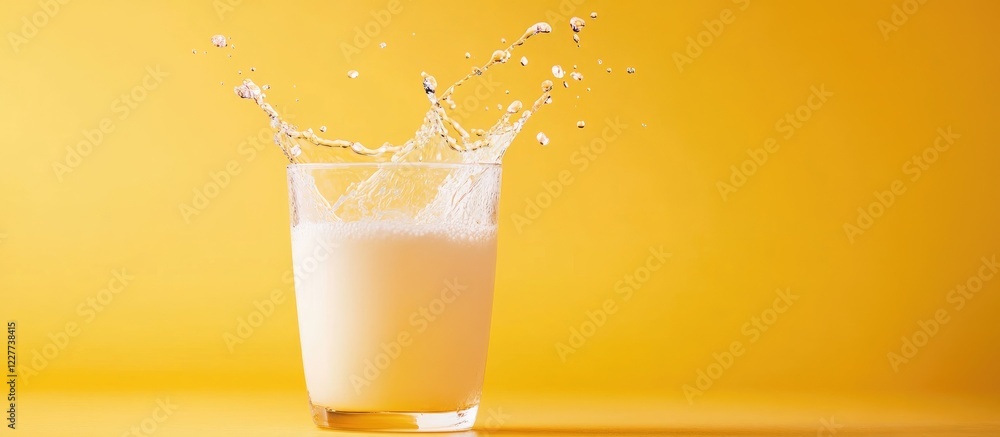 Poster dynamic splash of milk from a glass against a vibrant yellow background highlighting empty space for