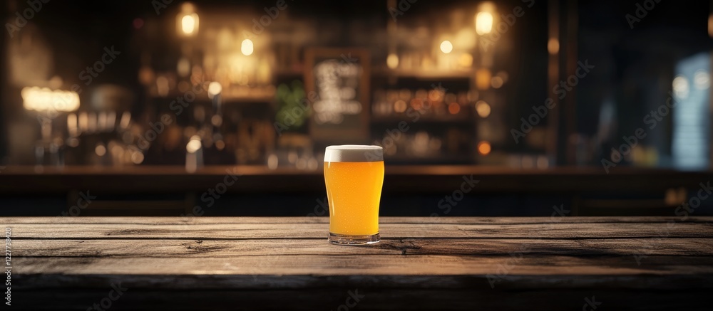 Poster cold beer glass on rustic wooden bar with blurred pub background and empty space for customizable te