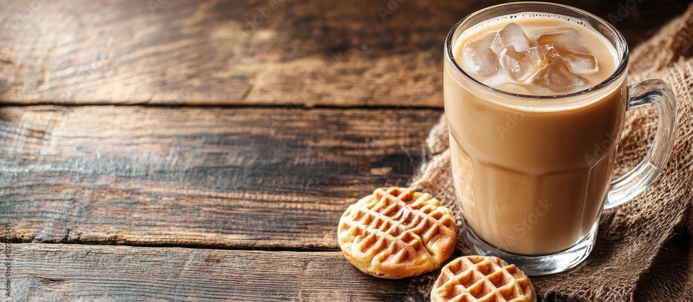 Poster iced milk coffee with waffle cookies on rustic wooden table showcasing empty space for customizing p
