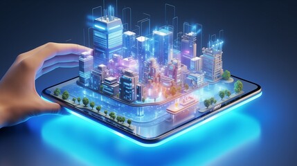 3D Isometric Augmented Reality Concept with Hand Holding a Connected Smart City