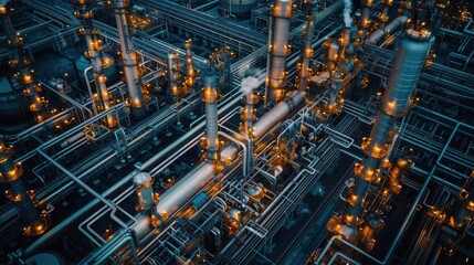 Aerial view of a complex industrial facility with illuminated pipes and machinery at night