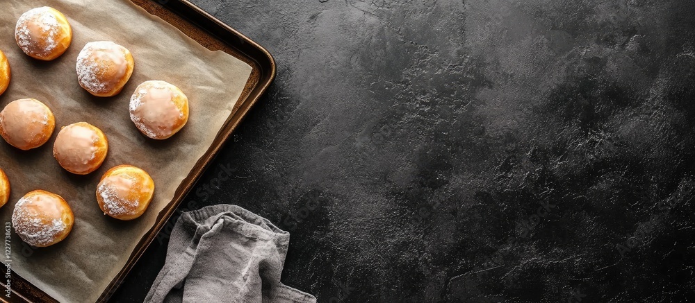 Poster freshly baked glazed donuts on a baking sheet with ample empty space for text placement on a dark te