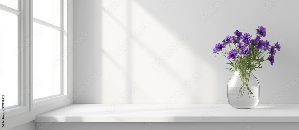 Poster elegant glass vase with purple flowers on a bright white windowsill creating a serene atmosphere wit