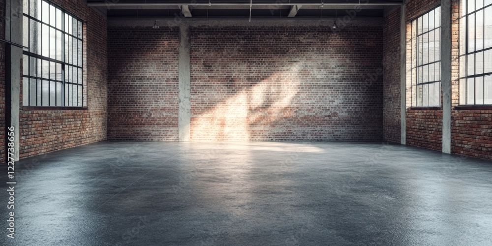 Poster industrial workspace with concrete floor and brick walls providing ample copy space for text in a mi