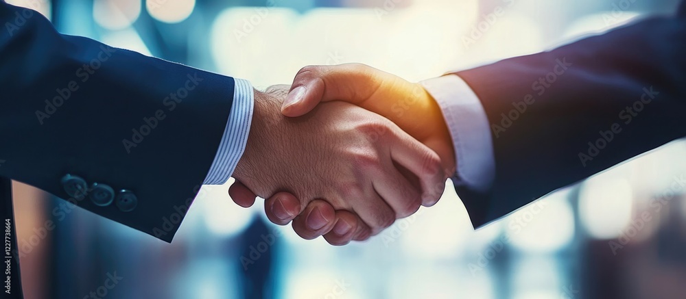Poster engineers shaking hands in a modern industrial setting with space for text conveying partnership and