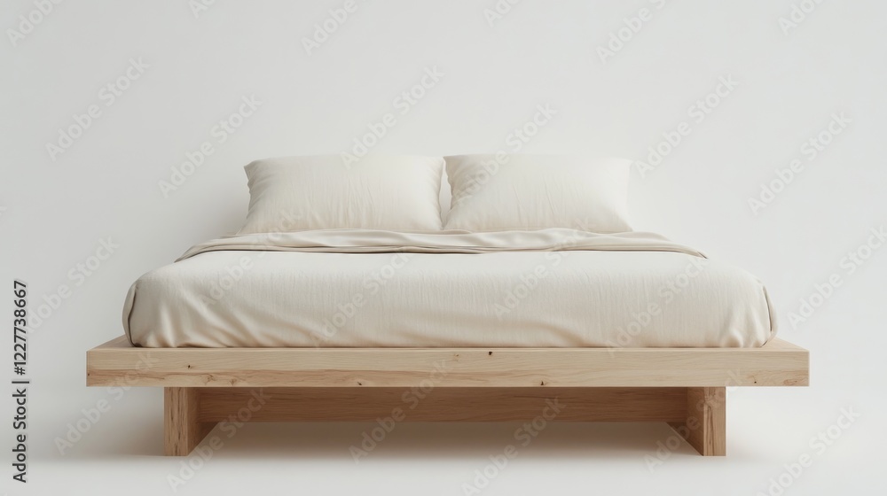 Poster minimalist bed mockup with neutral bedding set in a bright studio against a white background featuri