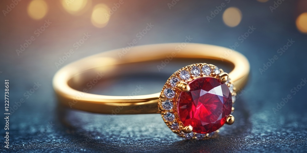 Poster elegant gold ring adorned with a vibrant ruby gemstone surrounded by sparkling diamonds on a blurred