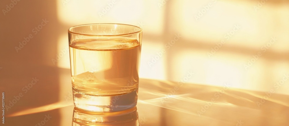 Poster illuminated glass with diminishing drink highlighting reflections in sunlight and empty space for te