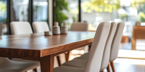 Elegant indoor dining table featuring stylish wooden furniture and white chairs in a bright space with ample copy space for text.