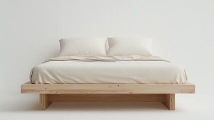 Minimalist bed mockup with neutral bedding set in a bright studio against a white background featuring smooth wood texture and ample empty space