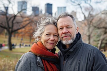 Obraz premium Portrait of a content couple in their 40s showing off a lightweight base layer on vibrant city park