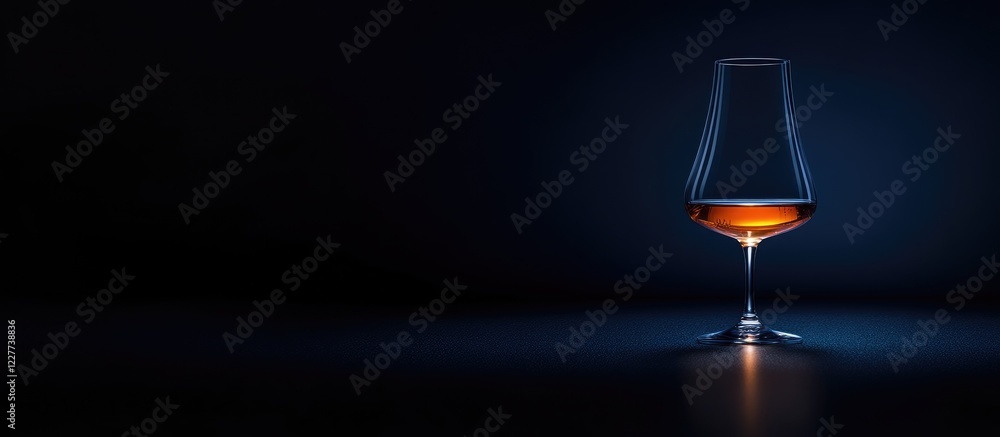 Poster elegant glass of whiskey or cognac on a dark blue surface with ample space for text and creative des
