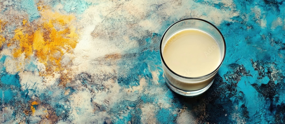 Poster glass of fresh goat milk on a colorful abstract concrete surface with ample space for text and brand