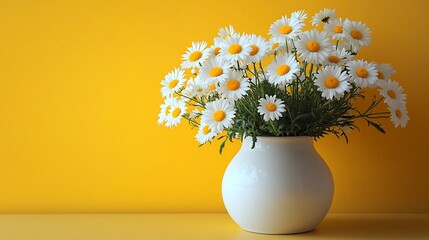 A vase of daisies on an orange shelf.