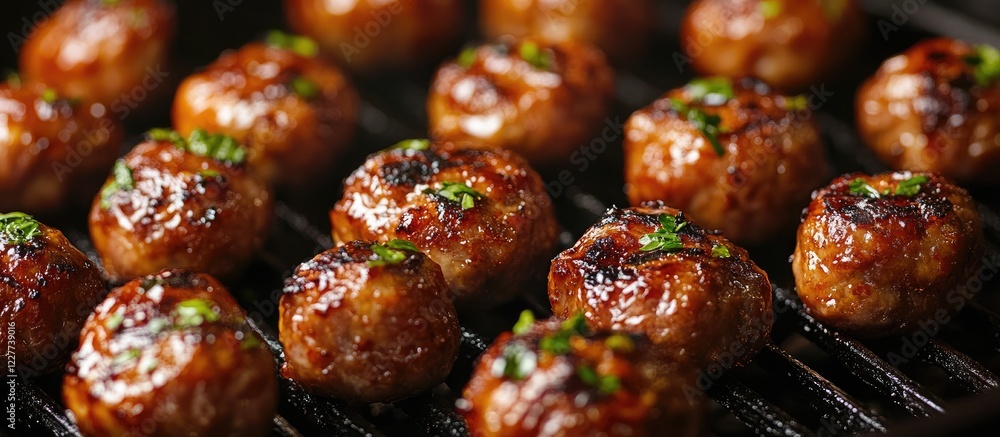 Poster grilled meatballs on barbecue showcasing a close-up view with rich glaze and empty space for adding 