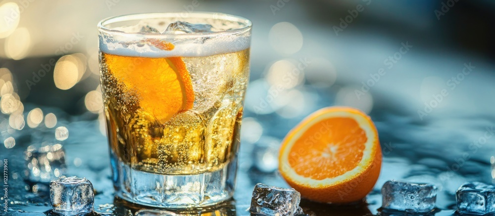 Poster refreshing glass of beverage with ice cubes and orange slice on a reflective surface with ample spac