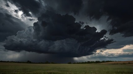 massive dark storm clouds forming over an open field with sunlight breaking through in the distance