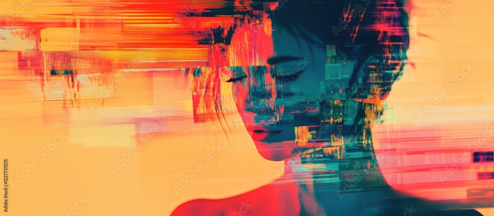 Aufkleber abstract glitch art portrait with vibrant colors and empty space for custom text in a modern aesthet