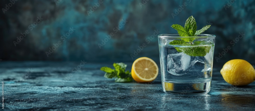 Poster refreshing glass of water with mint and lemon on a textured surface ideal for adding copy and advert