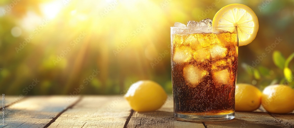 Poster refreshing glass of soda water with lemon and ice on wooden table illuminated by sunlight with empty