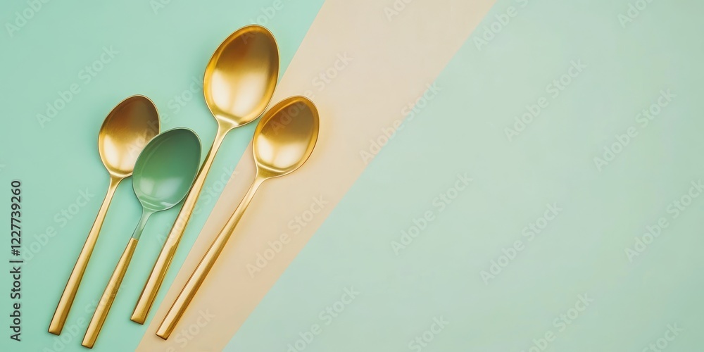 Poster Elegant golden and jade soup spoons on a minimalist background with space for text showcasing luxury dining and table decor concepts