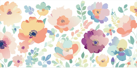 Fototapeta premium Watercolor print background spring flowers, simple style, pastel colors, floral botanical design, vector illustration