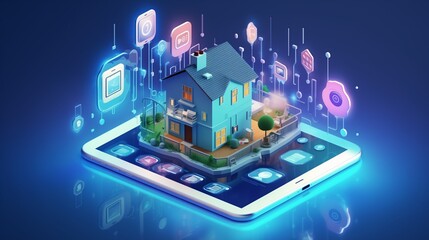 3D Isometric Banner of Smart Home with Numbers-Shaped Building and Household Devices