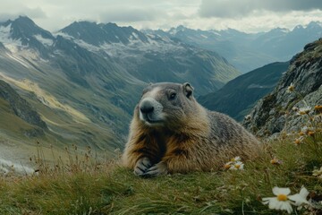 Marmot perched on a mountainside, enjoying the view of a majestic mountain range.