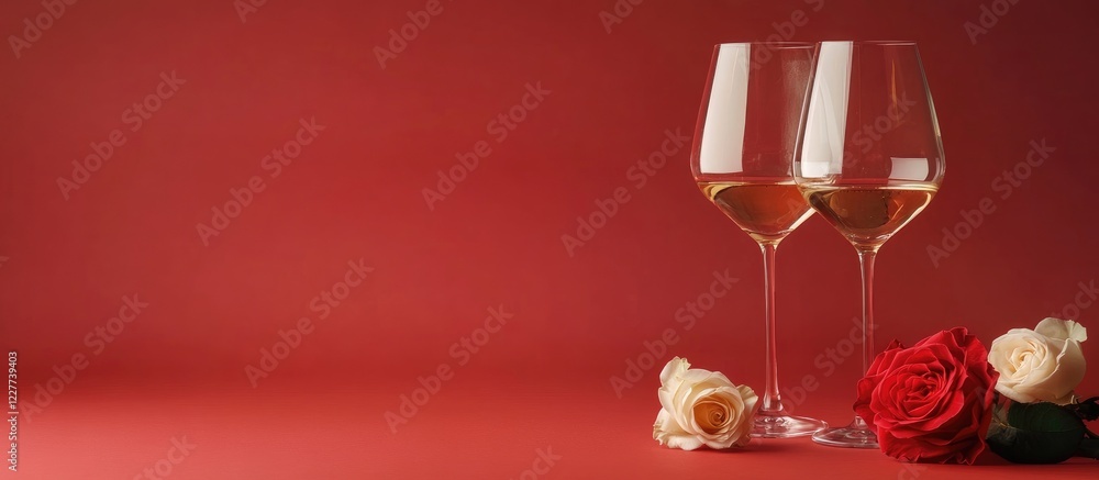 Poster glasses of wine with fresh roses on a vibrant red background creating an elegant setting with space 