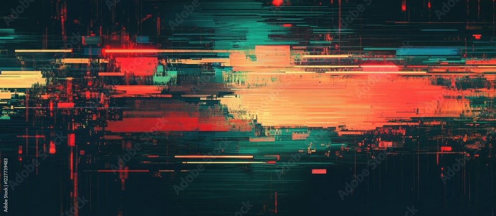 Poster glitch art abstract background with distorted digital elements and vibrant color blends for creative