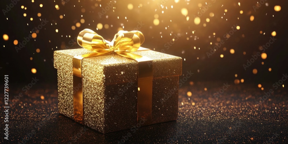 Poster glistening golden gift box with ribbon illuminated by warm light creating a festive atmosphere and e