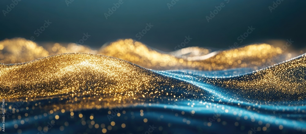 Aufkleber glittering gold waves blending into deep blue ocean depths with ample space for text placement in a 