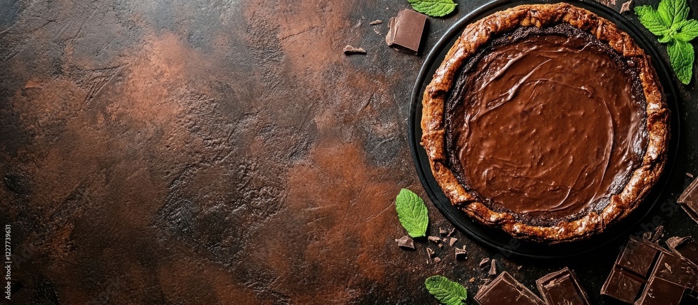 Poster delicious chocolate ganache tart on rustic background with empty space for text or branding