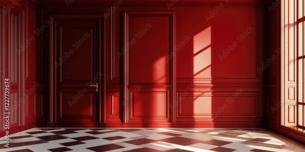 Poster elegant interior hallway with deep red walls and empty space for text highlighted by natural light a