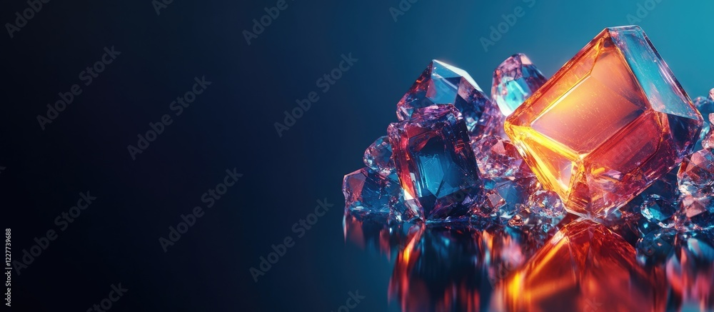 Poster vibrant gemstones reflecting light on a dark surface creating a luxurious background with ample spac