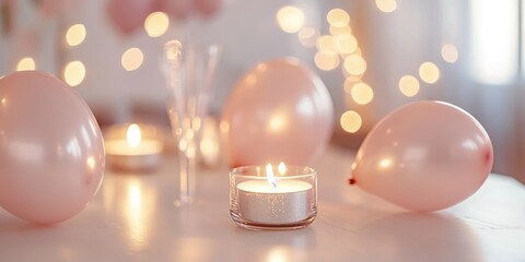 Elegant hen party decorations featuring soft pink balloons and candles with ambiance, creating a cozy atmosphere and empty space for text.