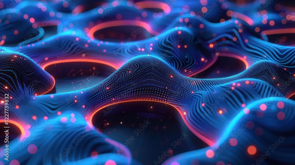 Poster abstract digital waves with glowing lines and particles, creating a vibrant, futuristic atmosphere