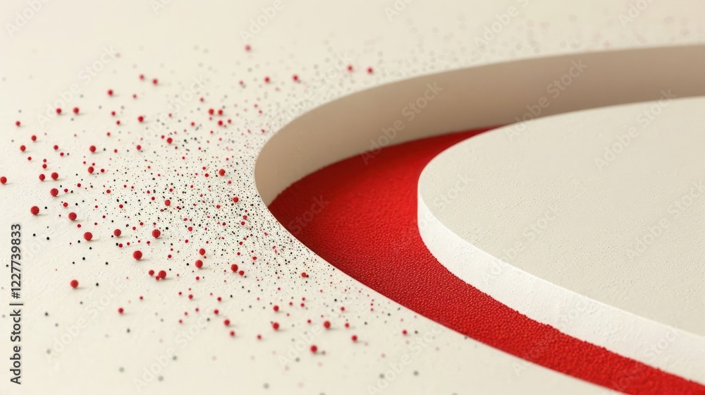 Poster abstract composition featuring curved shapes and scattered particles on a textured surface