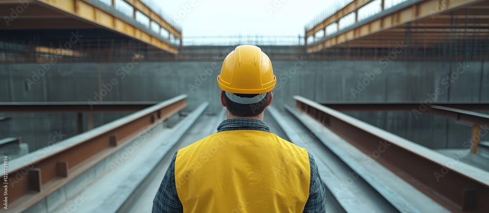 Poster engineer in yellow hard hat observing steel framework at construction site with ample empty space fo