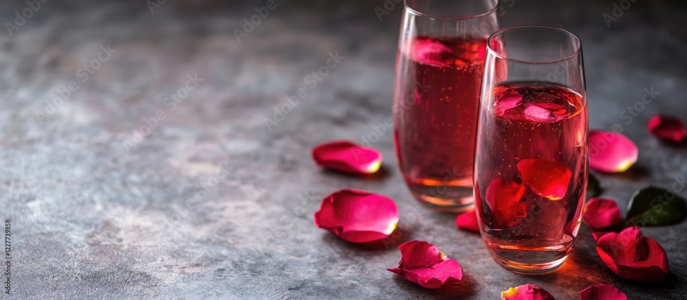 Poster glasses with pink liquid and rose petals on a textured surface featuring ample empty space for creat
