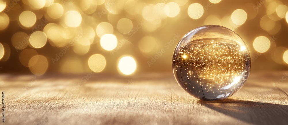 Poster glass sphere on wooden table with golden bokeh background and space for text emphasizing elegance an