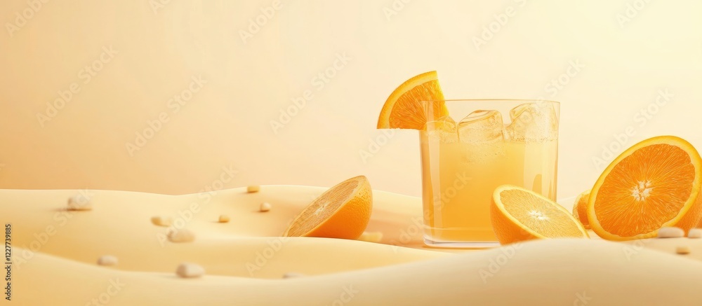 Poster refreshing glass of orange juice with citrus slices and ample space for your creative text on a soft