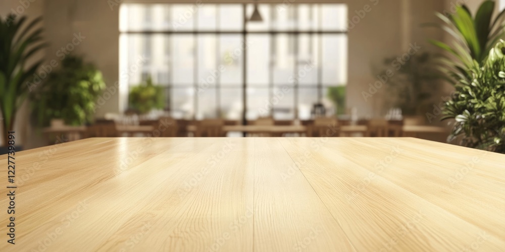 Poster elegant wooden table set in bright reception area with copy space for text and lush greenery in back