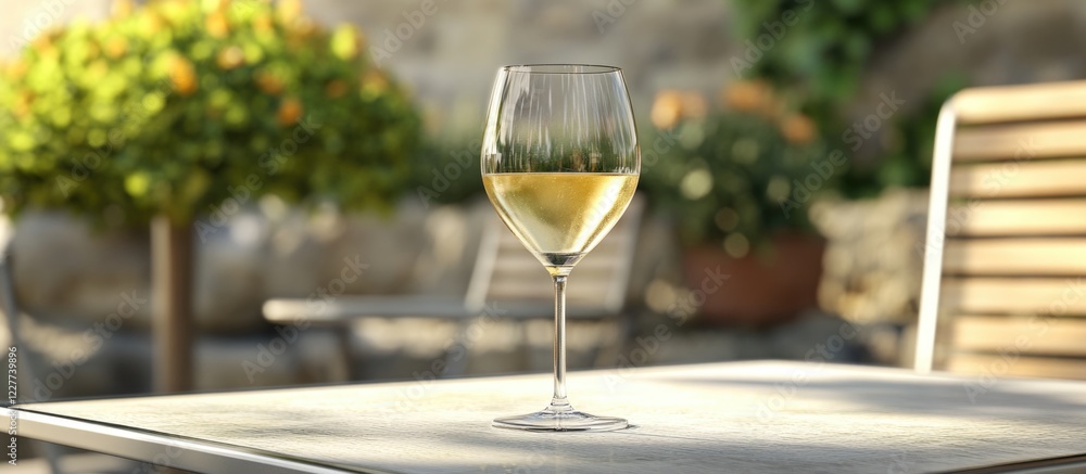 Poster glass of white wine on a table outdoors at a cafe with natural light and empty space for text or bra